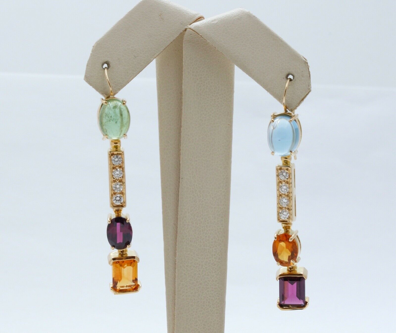 Vintage 18K Multi Stone Dangle Earrings Topaz Peridot Amethyst Diamonds Citrine