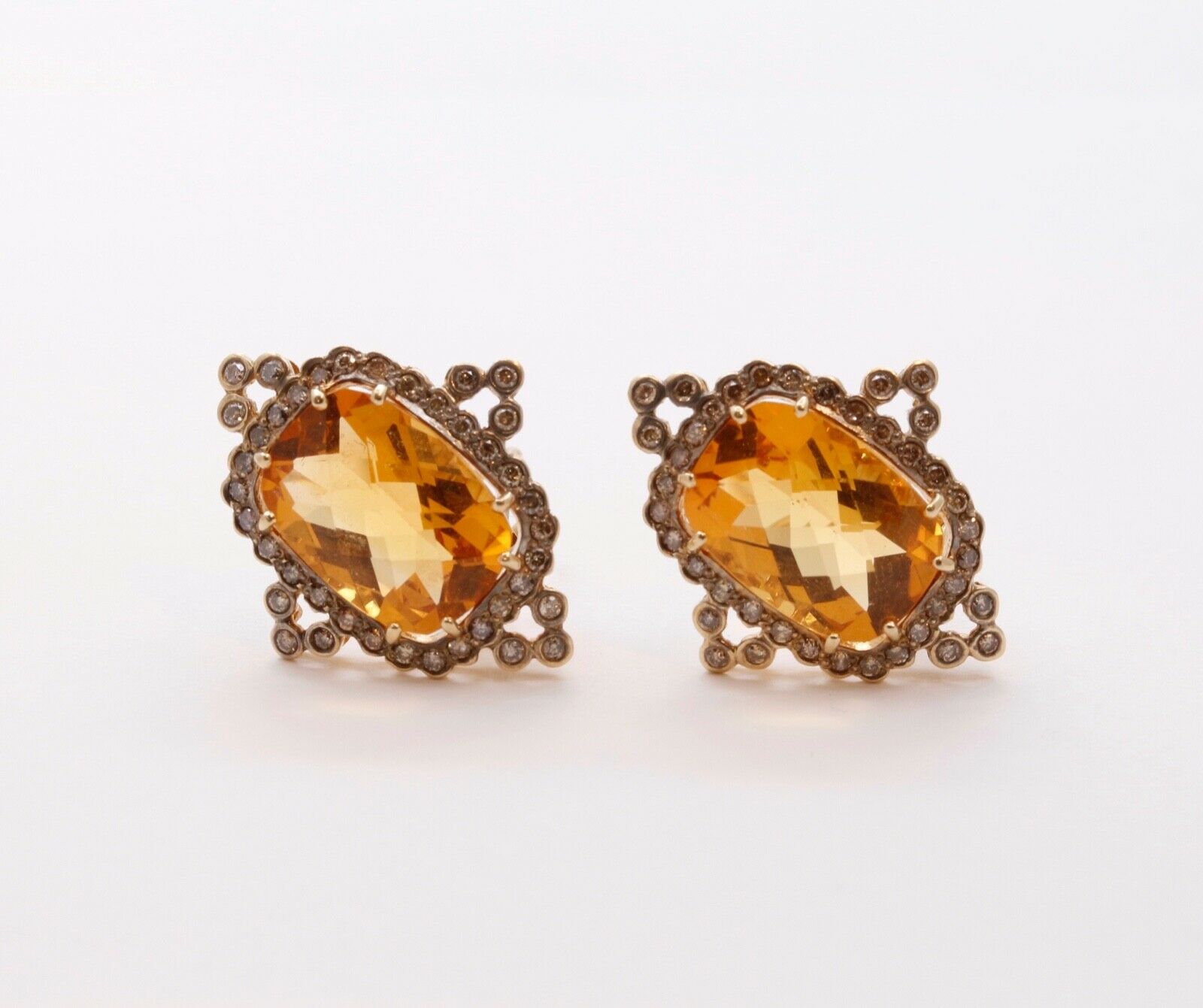 Vintage Victorian Revival Citrine Diamonds 14K Yellow White Gold Earrings