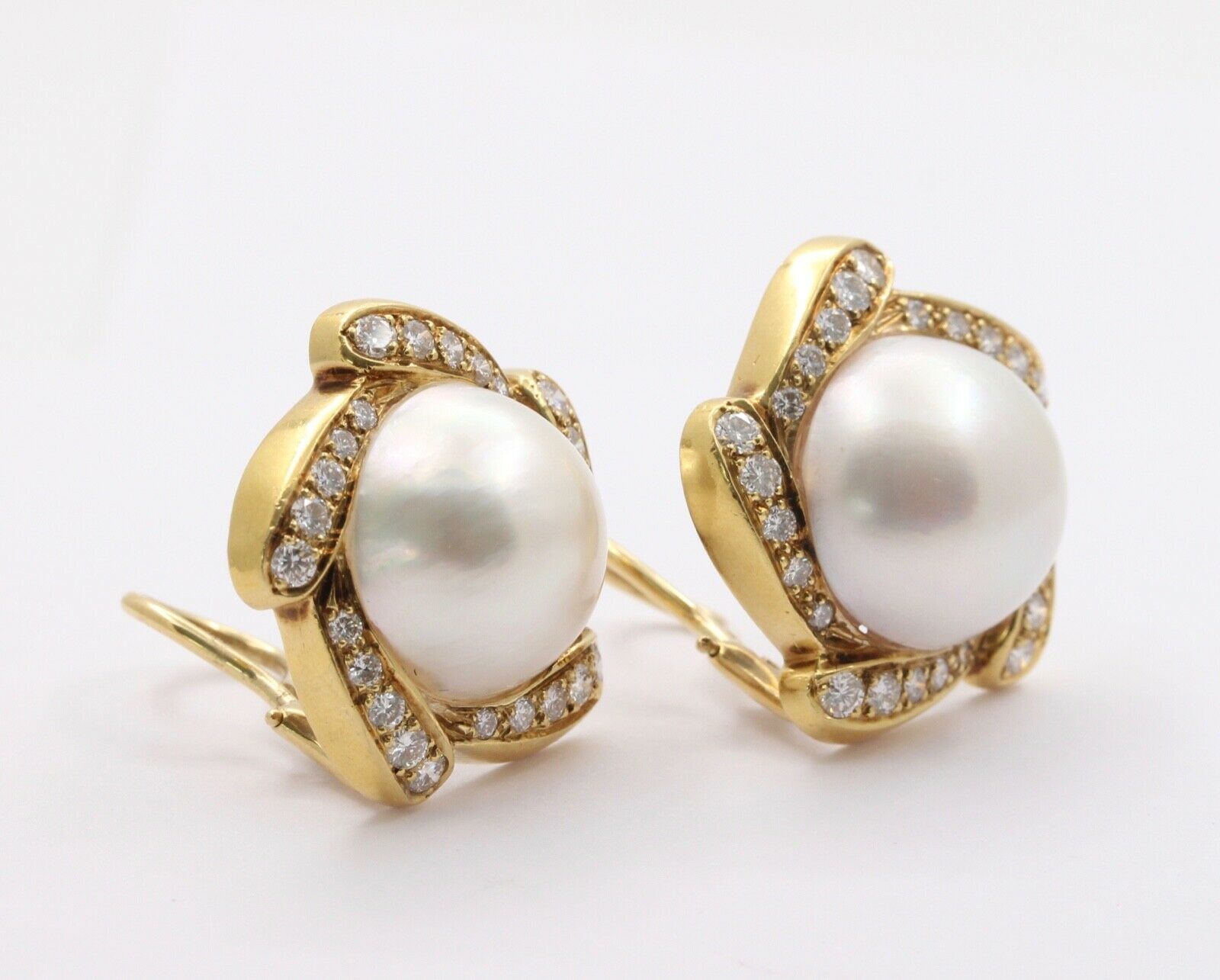 Large Mabe Pearl Diamonds Pinwheel French Clip Earrings