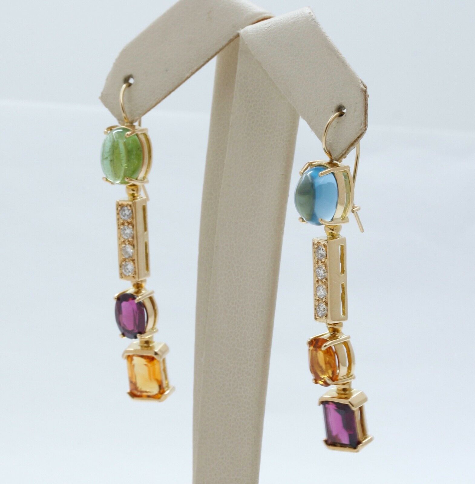 Vintage 18K Multi Stone Dangle Earrings Topaz Peridot Amethyst Diamonds Citrine