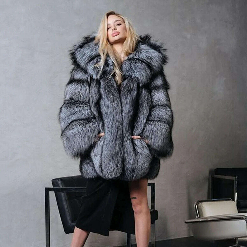 Bella Women's Fox Fur Coat | Full Pelt, Fluffy Hooded Overcoat 2