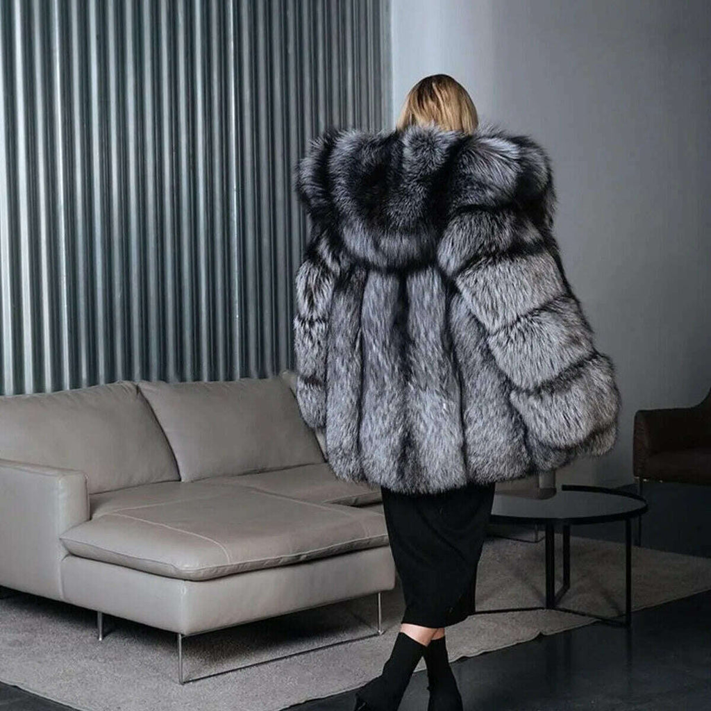 Bella Women's Fox Fur Coat | Full Pelt, Fluffy Hooded Overcoat 3
