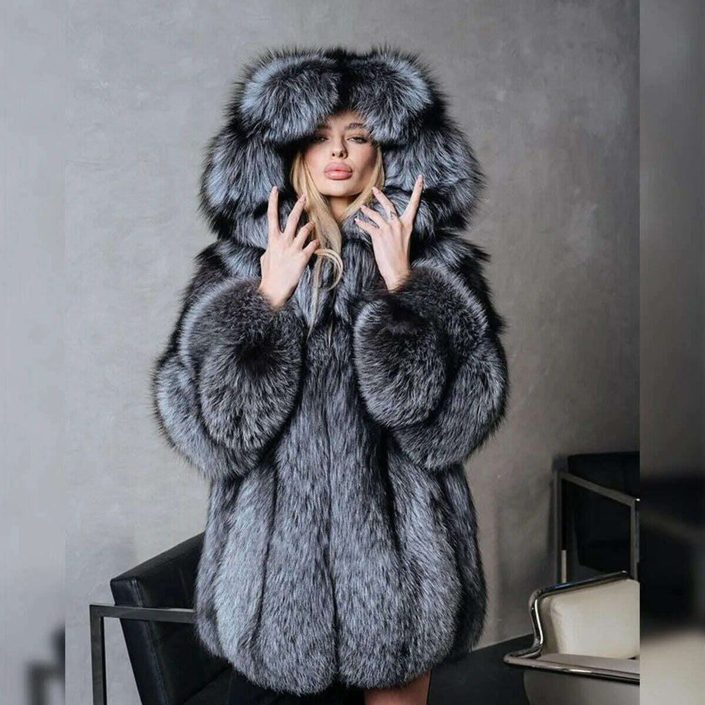 Bella Women's Fox Fur Coat | Full Pelt, Fluffy Hooded Overcoat 4