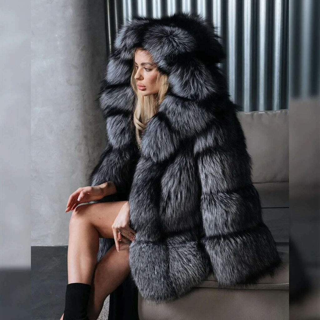 Bella Women's Fox Fur Coat | Full Pelt, Fluffy Hooded Overcoat 7