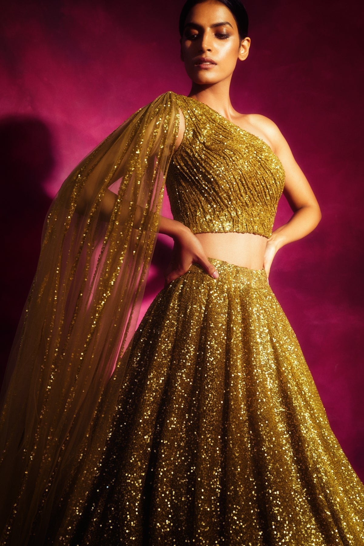 Dalia Women's Lehenga Set | Hand Embroidered Sequins, One Shoulder Design 1