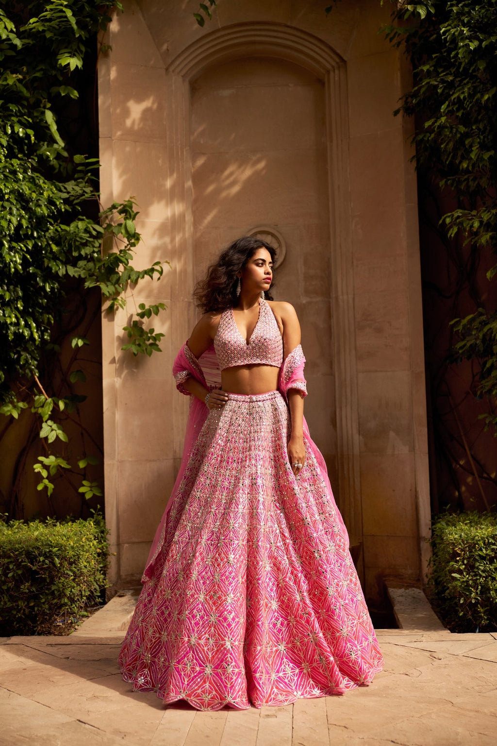 Felicity Women's Wedding Lehenga Set | Multi-Layered Net, Geometric Pattern, Halter Blouse 2