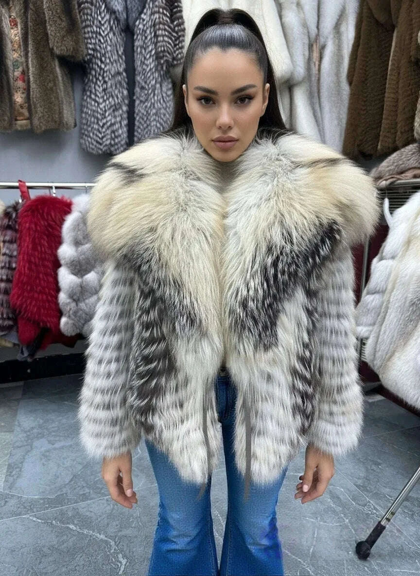 Fiona Women's Fox Fur Coat | Natural Stripes, Luxury Fashion 10