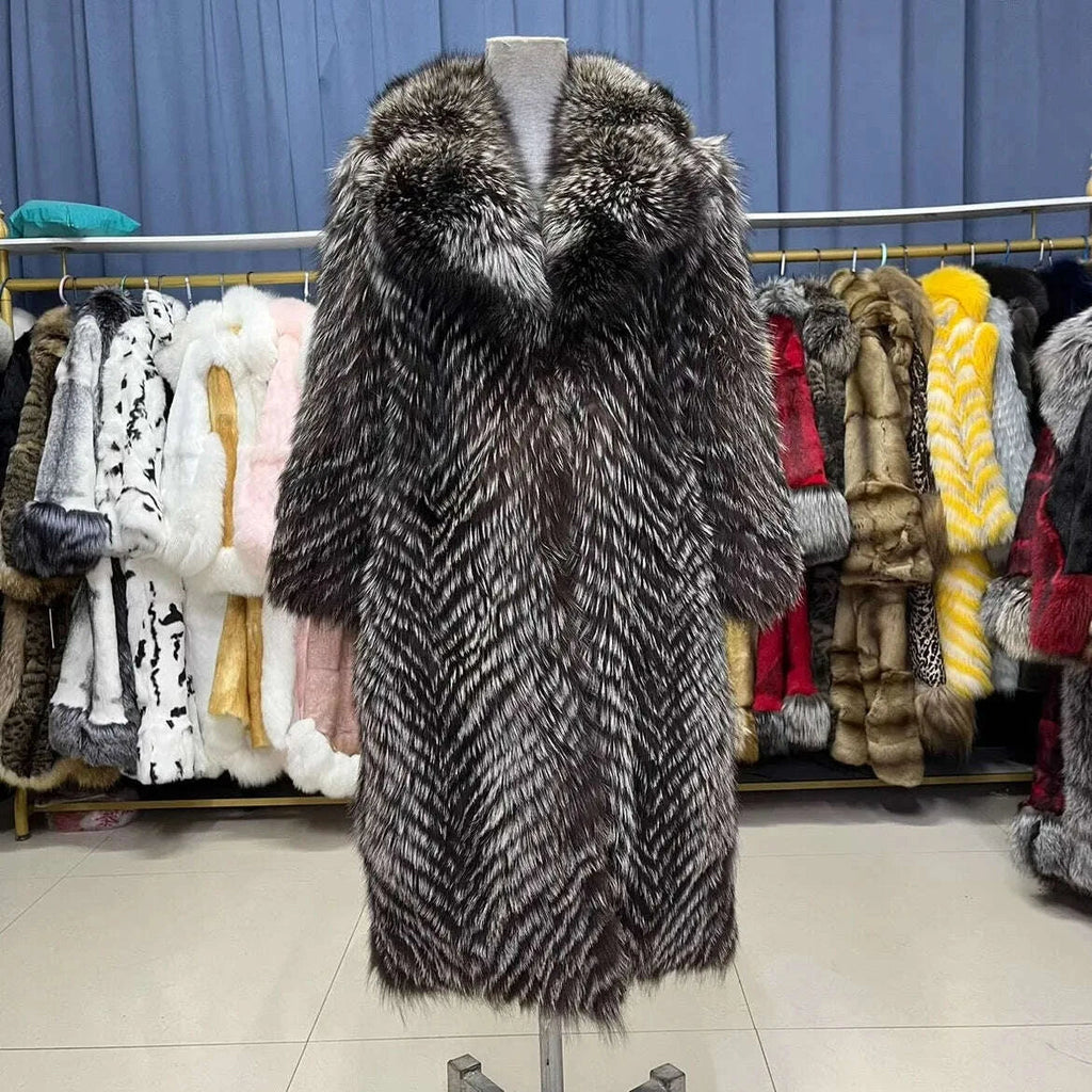 Fiona Women's Long Fur Coat | 100% Real Silver Fox, Luxury Warm Outerwear 6