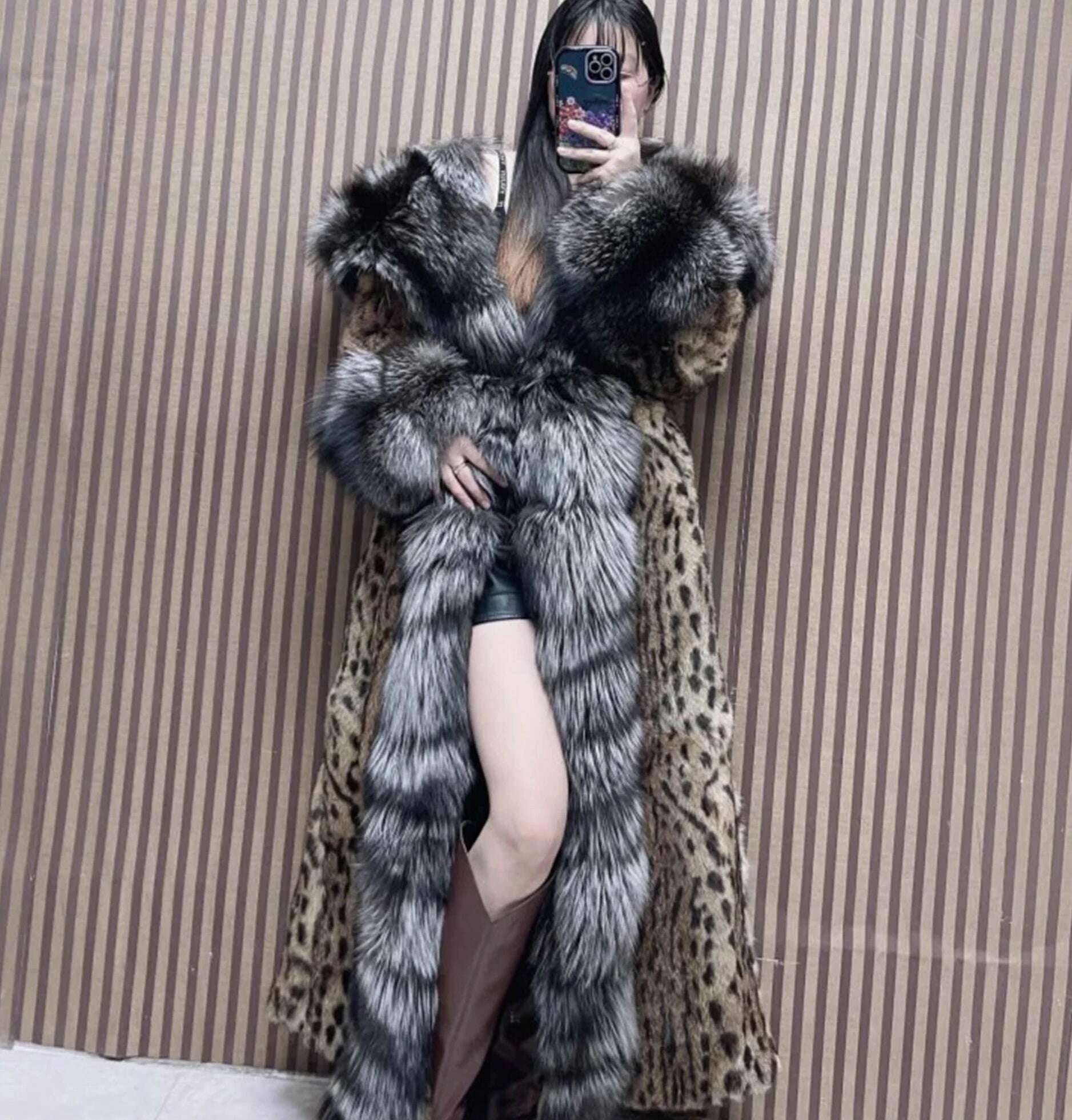 Fiona Women's Long Fur Coat | Genuine Rabbit & Fox Fur, Hooded 0