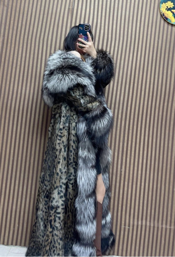 Fiona Women's Long Fur Coat | Genuine Rabbit & Fox Fur, Hooded 2