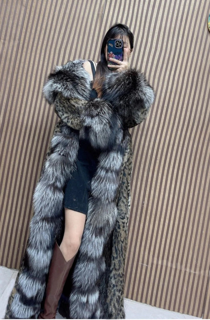 Fiona Women's Long Fur Coat | Genuine Rabbit & Fox Fur, Hooded 3