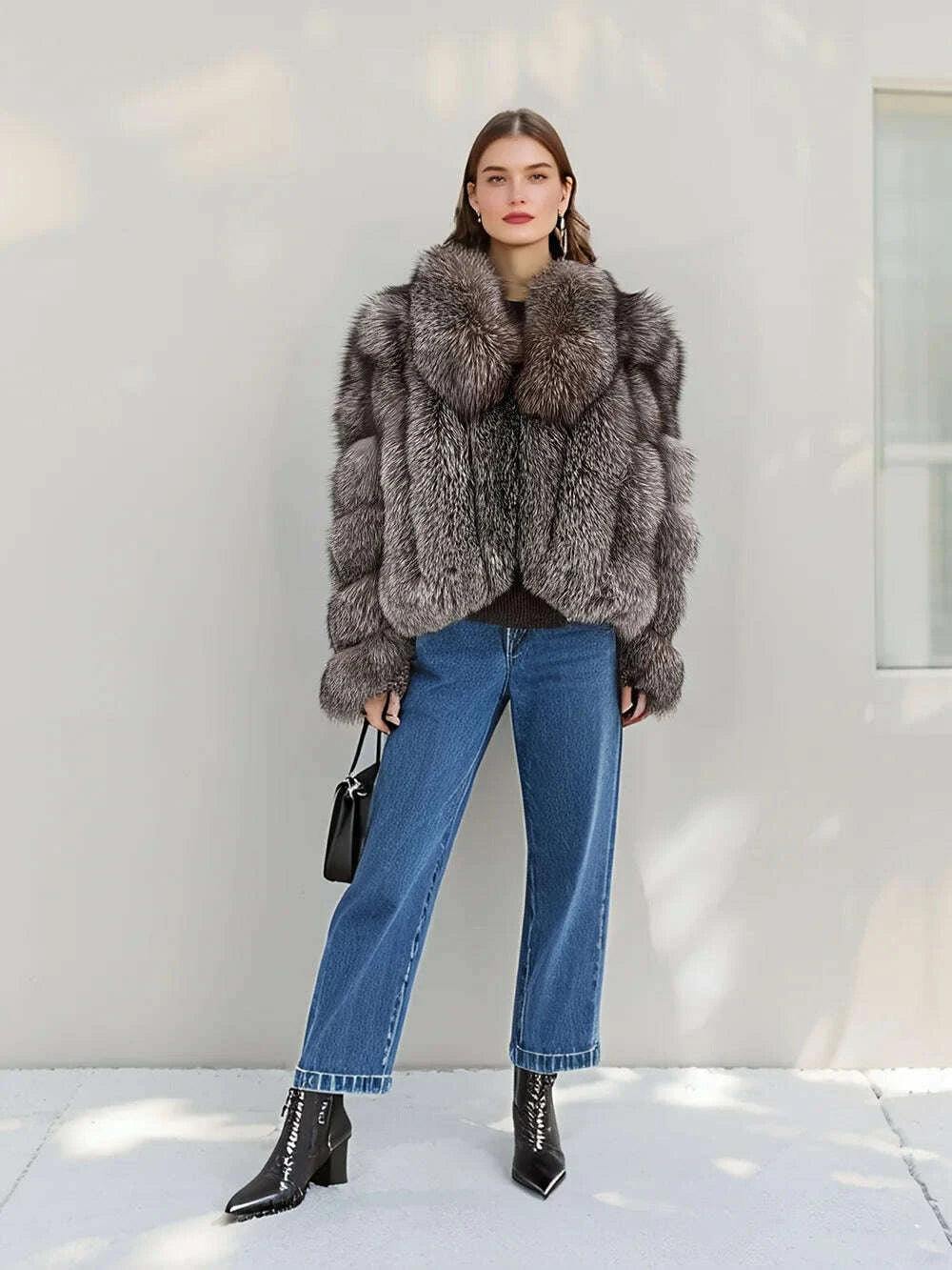 Gina Women's Fox Fur Coat | Luxurious Short Jacket with Fox Fur Collar 0