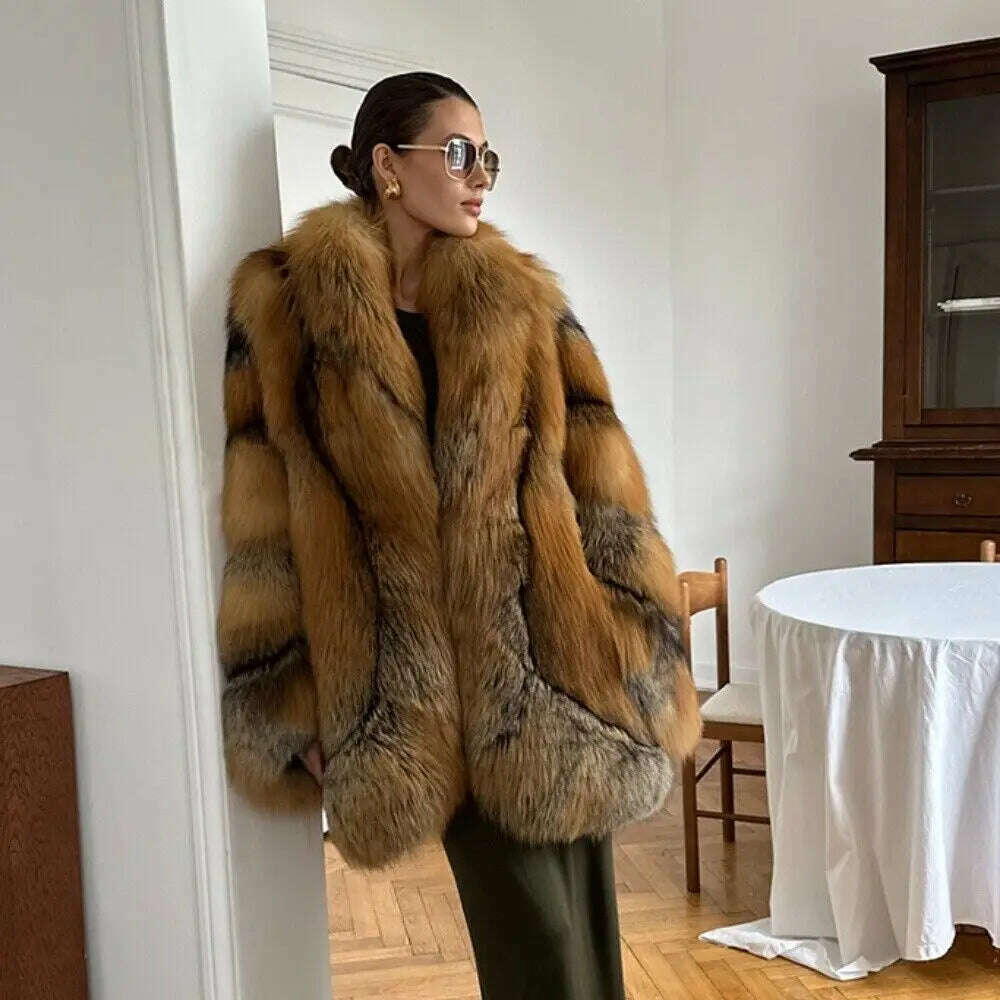 Gina Women's Fox Fur Lapel Coat | Luxurious Thick Winter Overcoat 0