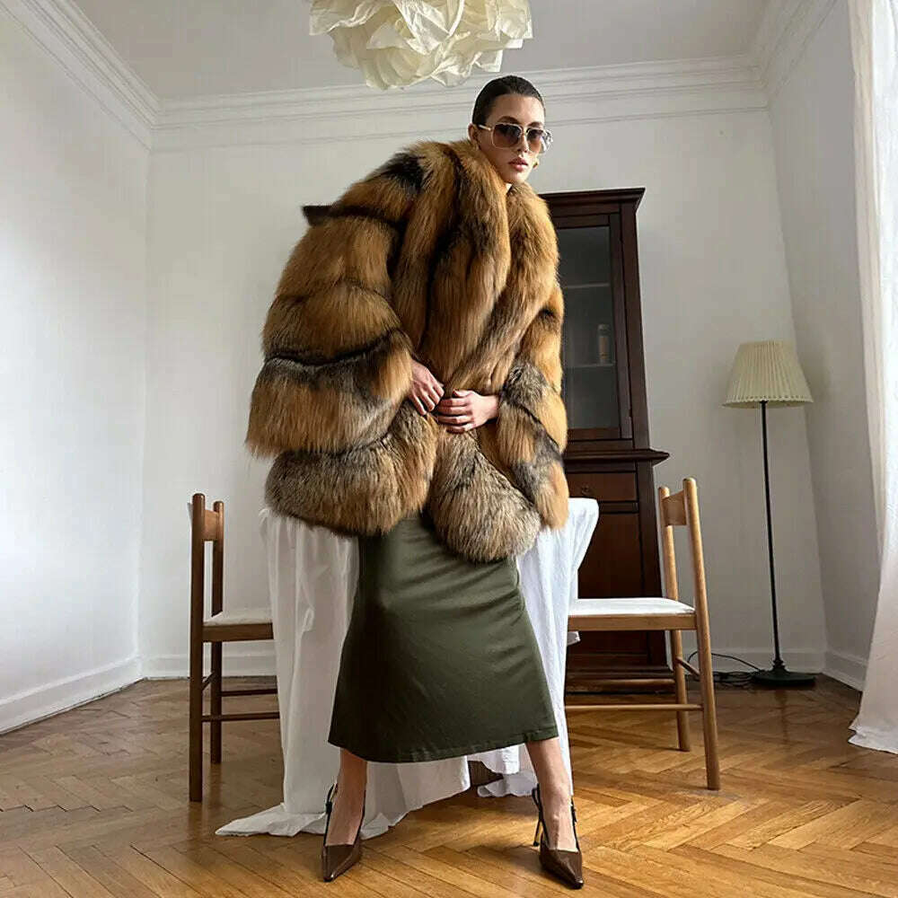 Gina Women's Fox Fur Lapel Coat | Luxurious Thick Winter Overcoat 4