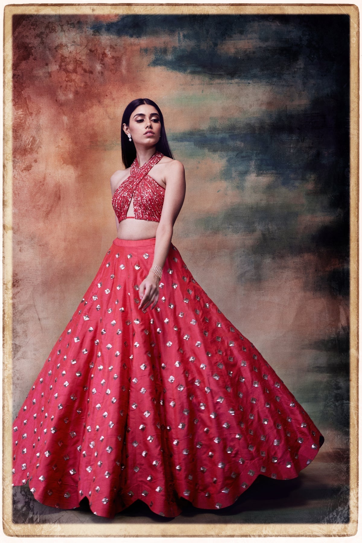 Hara Women's Lehenga Set | Halter Draped Blouse with Diamond Jaal 0