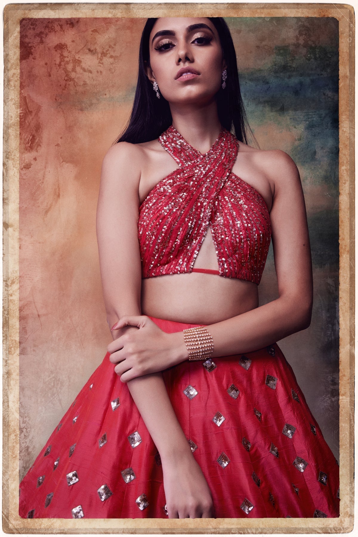 Hara Women's Lehenga Set | Halter Draped Blouse with Diamond Jaal 1