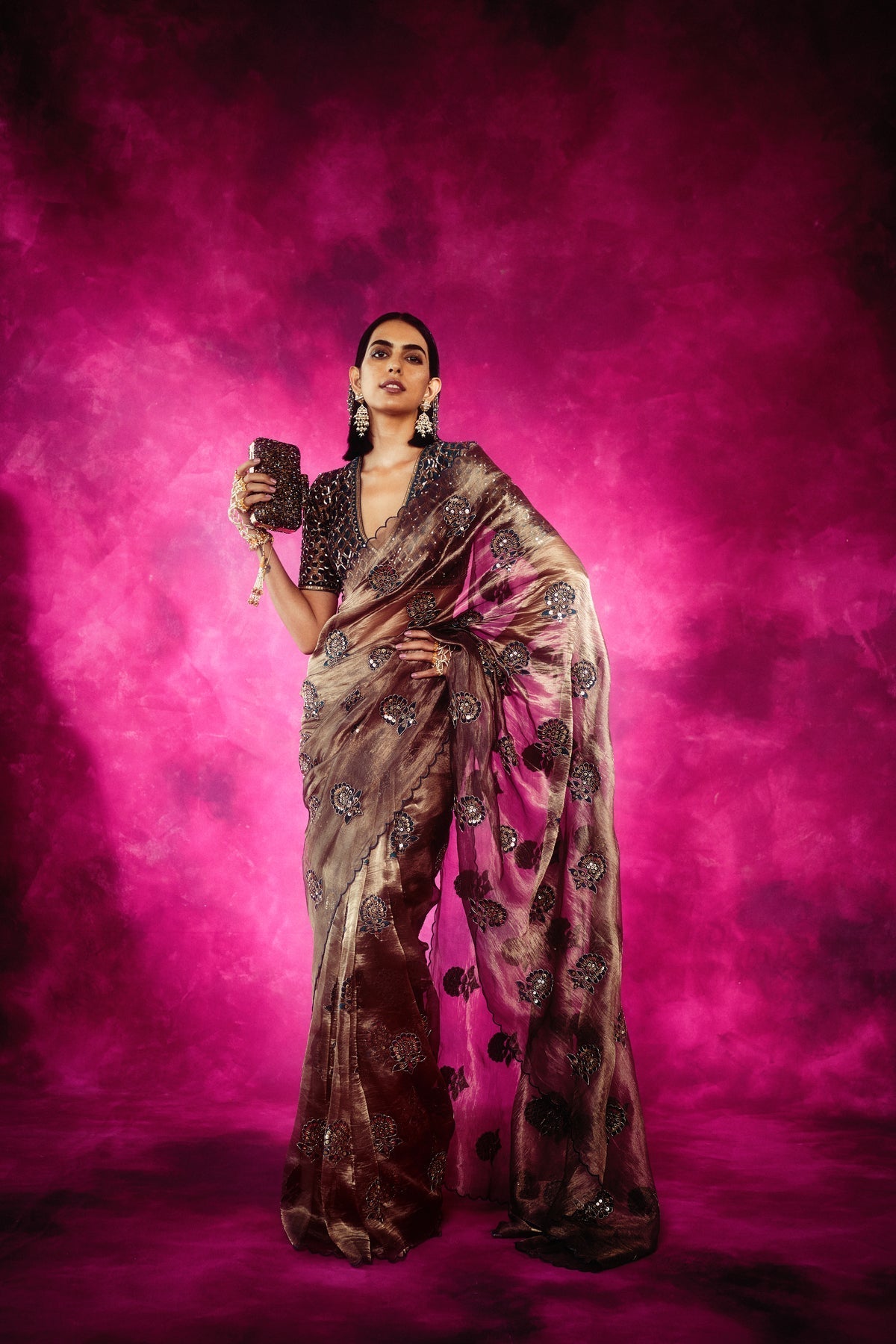 Maya Women's Designer Saree | Hand Embroidered Copper Tissue, Party Wear 0