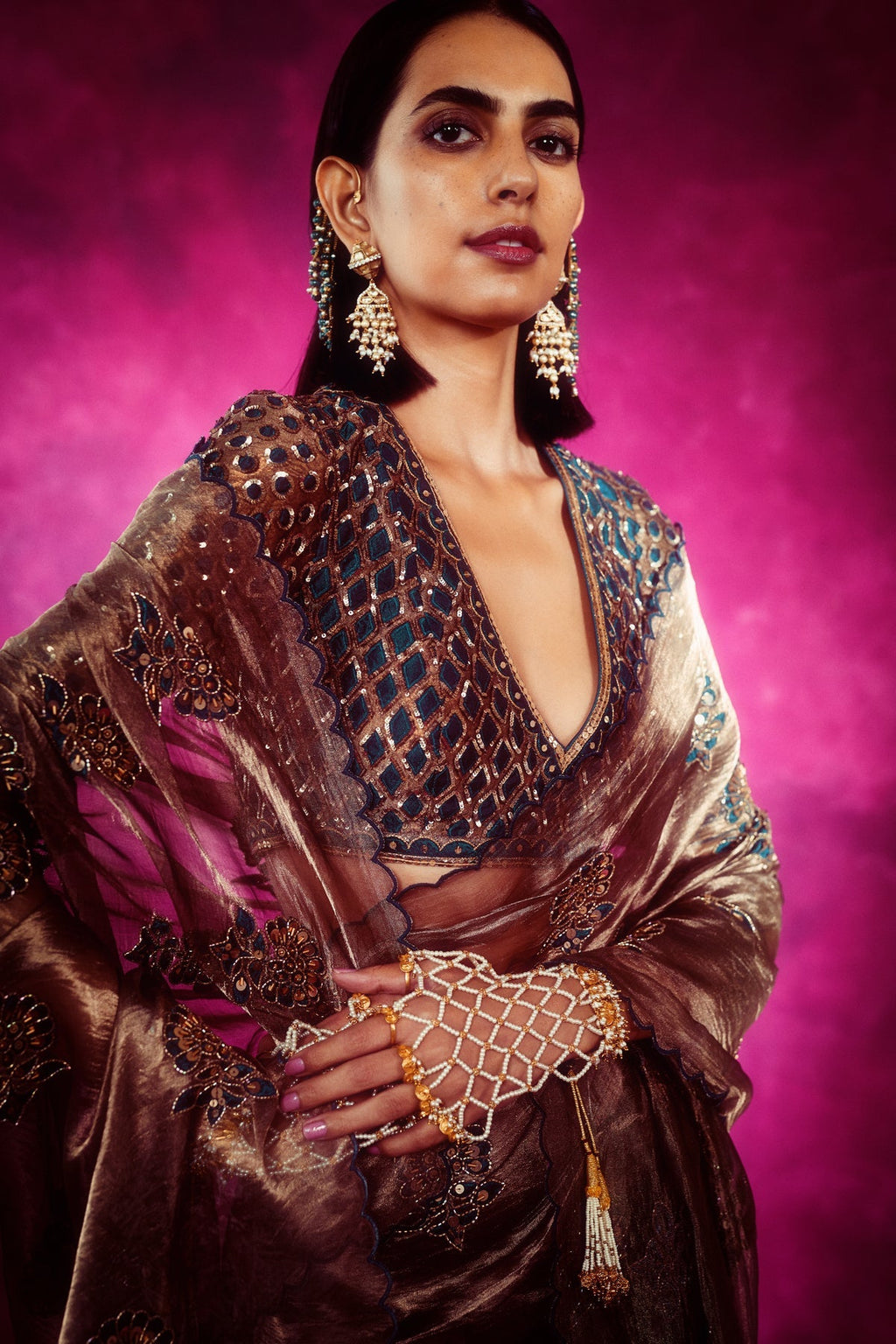 Maya Women's Designer Saree | Hand Embroidered Copper Tissue, Party Wear 1