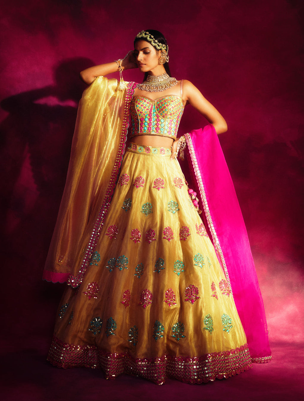 Maya Women's Lehenga Set | Hand Embroidered Gold Tissue 3