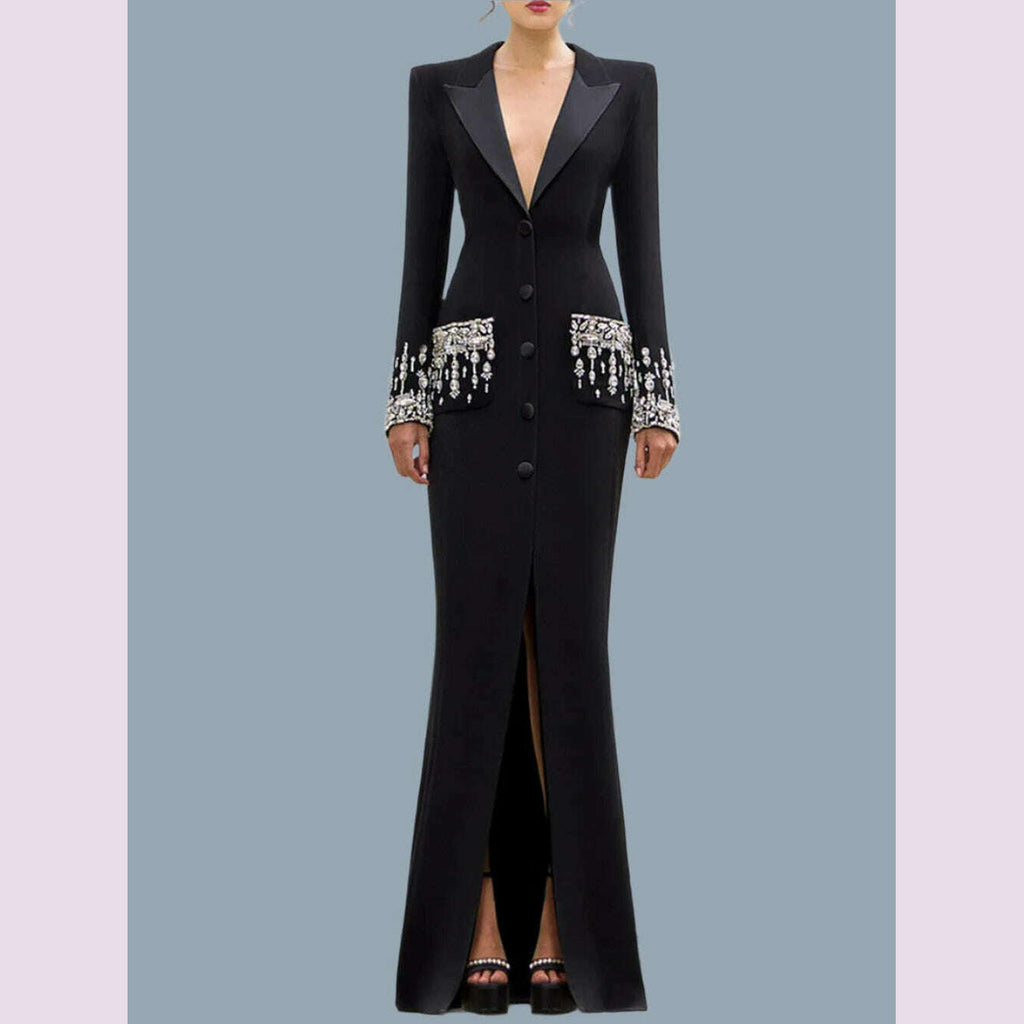 Mira Women's Evening Gown | Elegant Black, Floor-Length, V-Neck, Long Sleeve 1