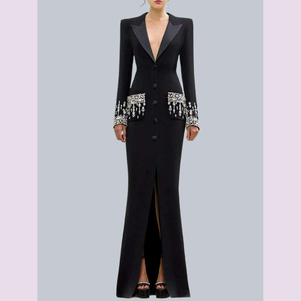 Mira Women's Evening Gown | Elegant Black, Floor-Length, V-Neck, Long Sleeve 2