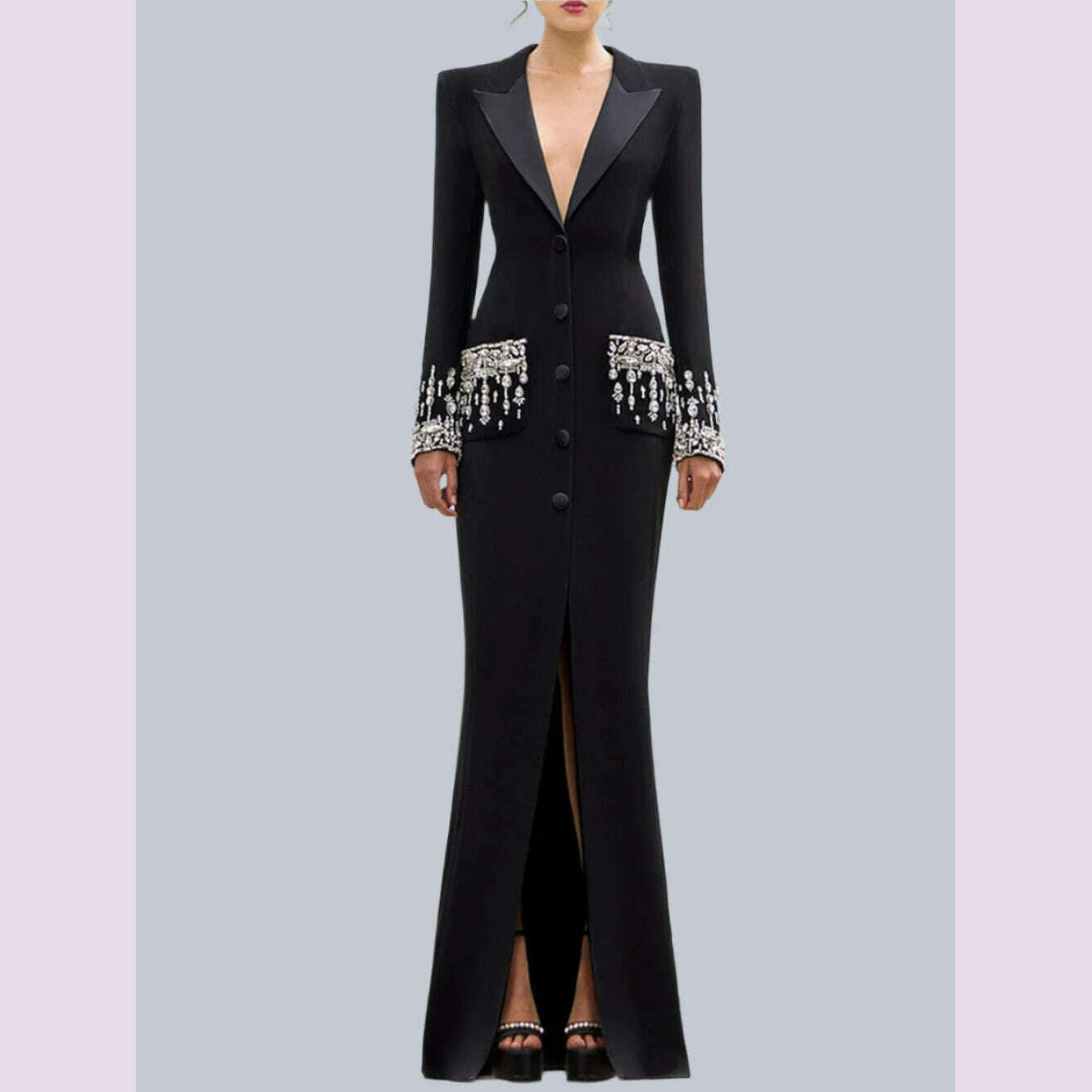 Mira Women's Evening Gown | Elegant Black, Floor-Length, V-Neck, Long Sleeve 2