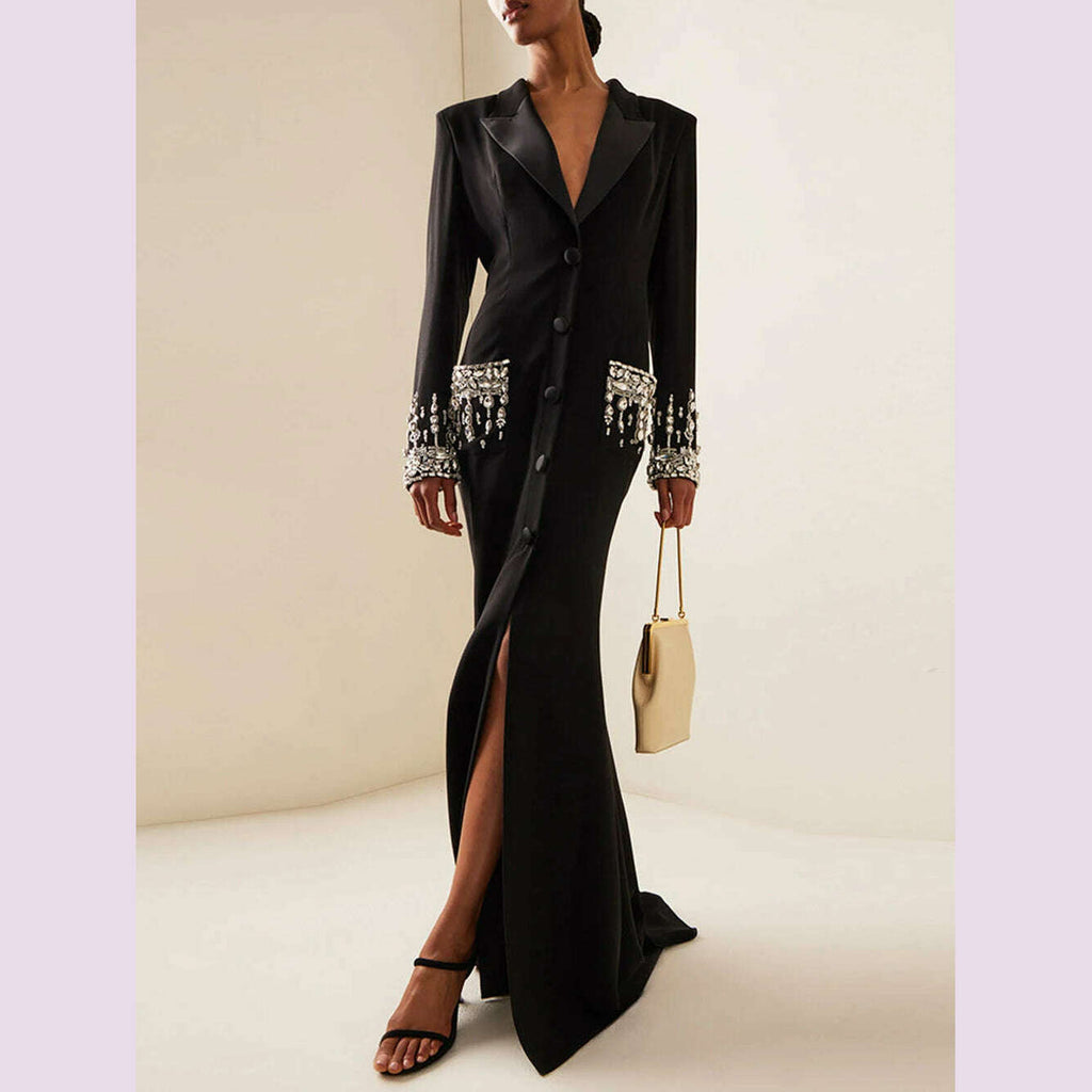 Mira Women's Evening Gown | Elegant Black, Floor-Length, V-Neck, Long Sleeve 3
