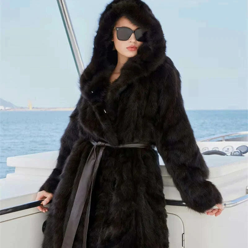 Nina Women's Faux Fur Coat | Luxurious Sable Mink with Hood 0