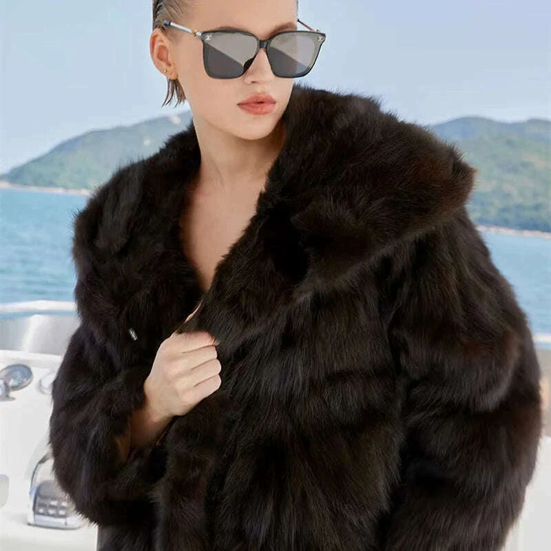 Nina Women's Faux Fur Coat | Luxurious Sable Mink with Hood 4
