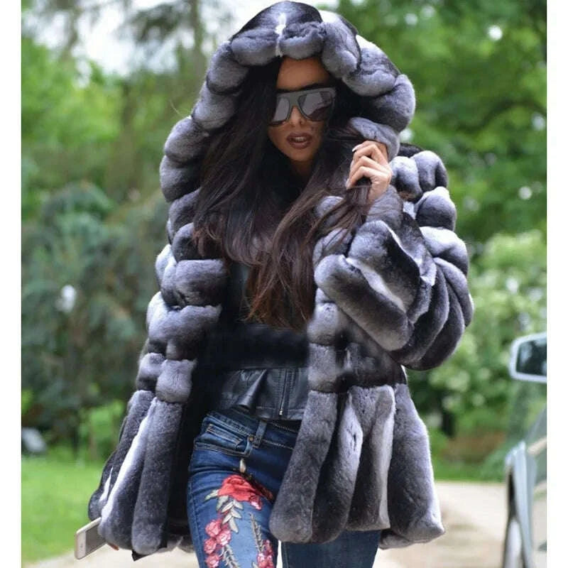 Nina Women's Winter Coat | Thick Rex Rabbit Fur with Hood 0