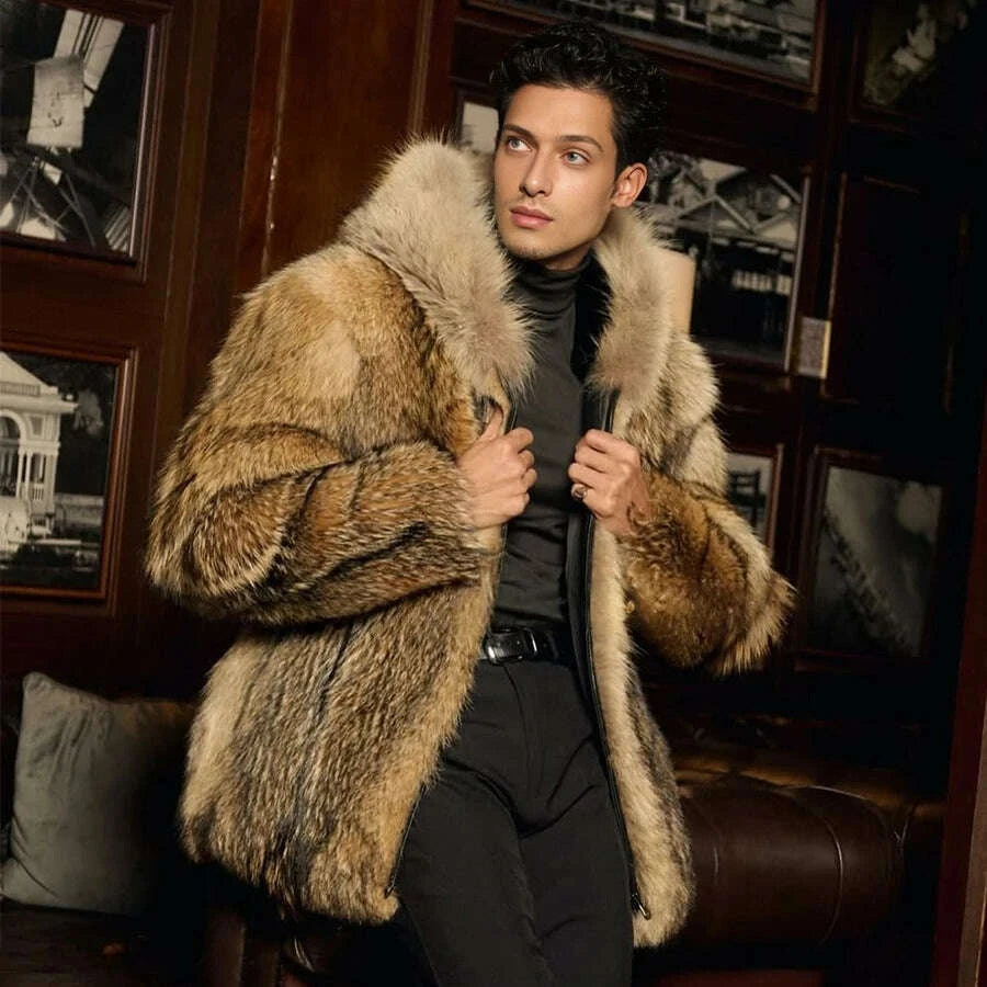 Noble Men's Coyote Fur Coat | Genuine Leather, Thick Winter Warmth 0