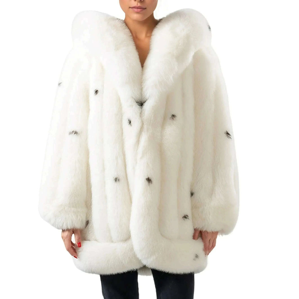 Polka Dot Fox Fur Coat for Women | Mid-Length with Hood 1