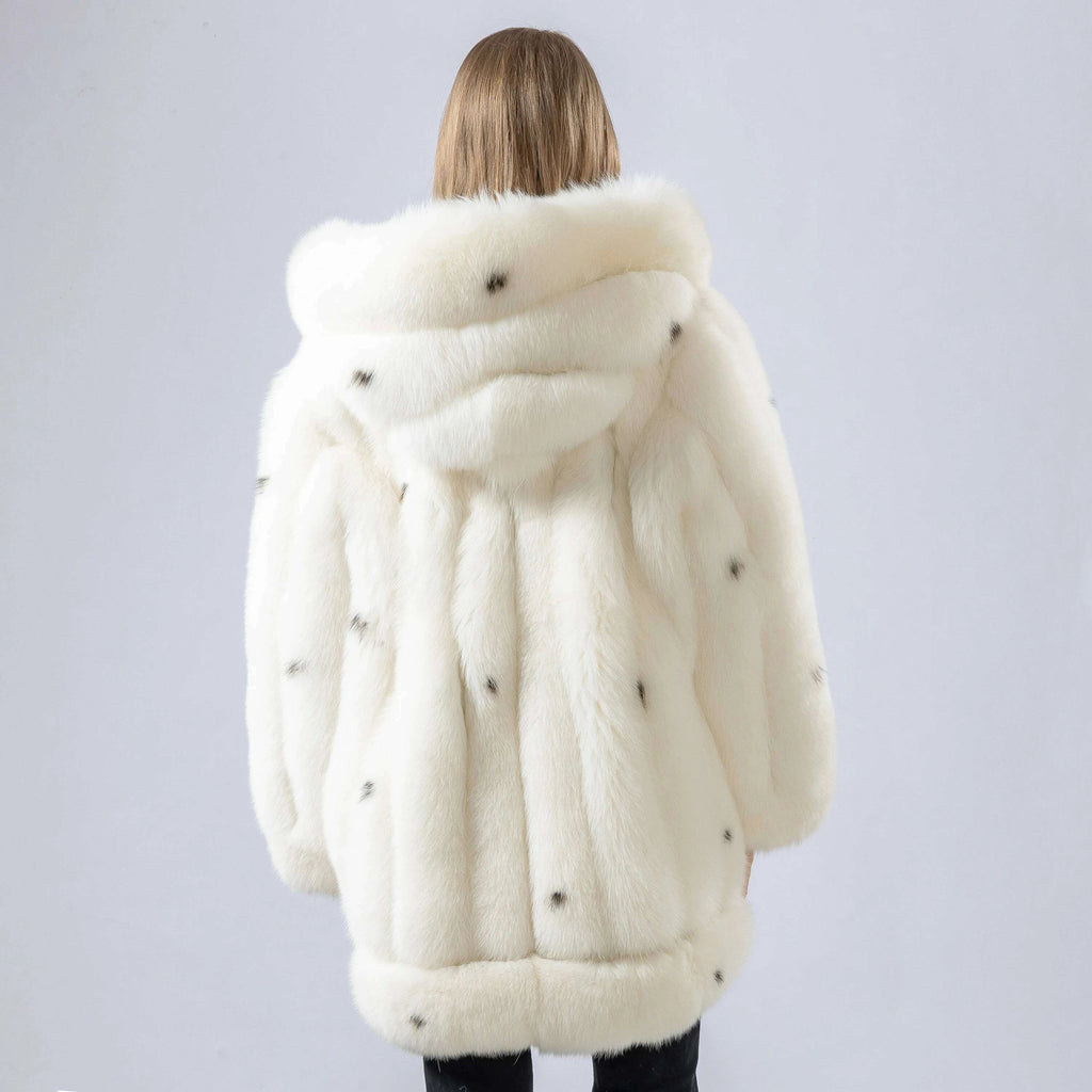 Polka Dot Fox Fur Coat for Women | Mid-Length with Hood 2