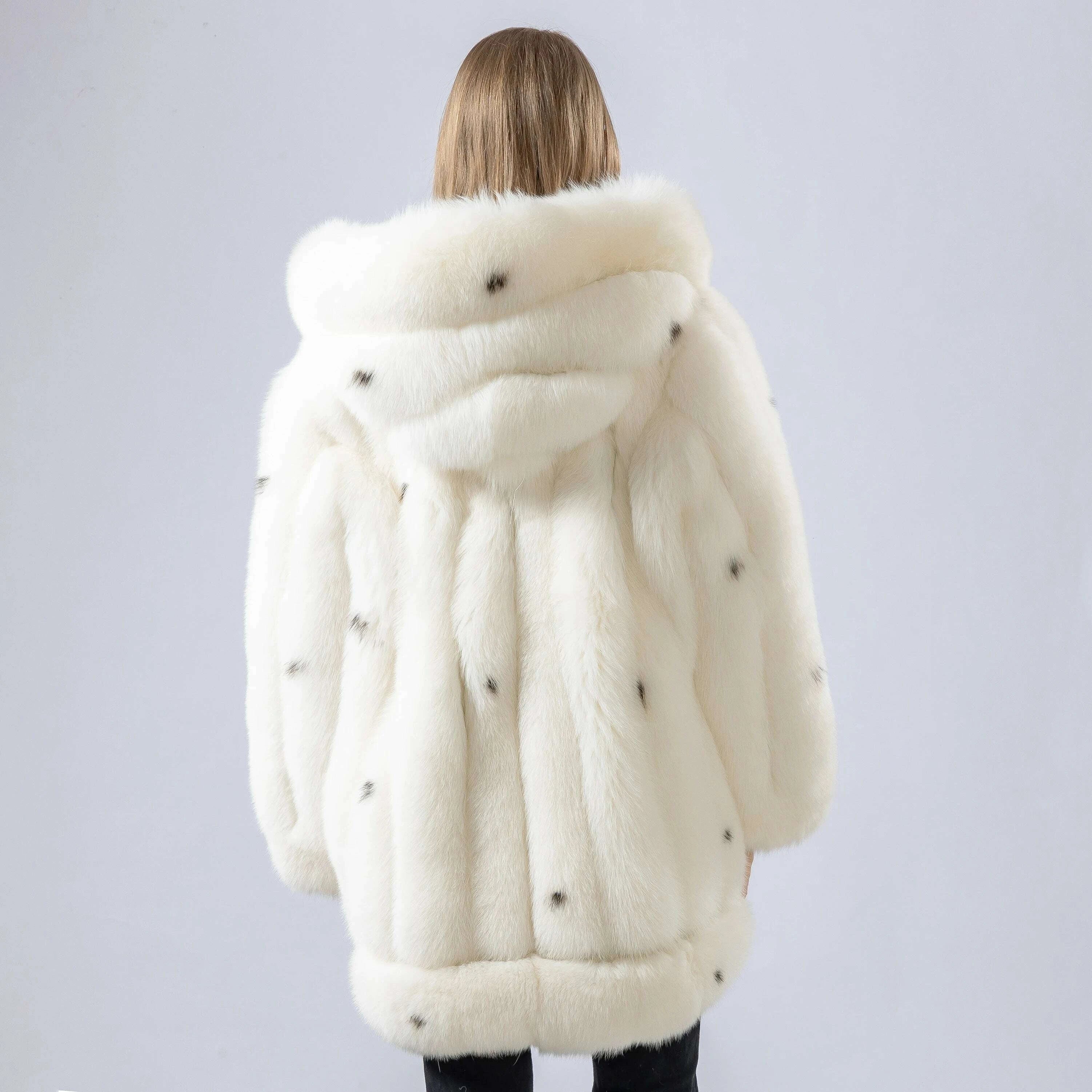 Polka Dot Fox Fur Coat for Women | Mid-Length with Hood 2