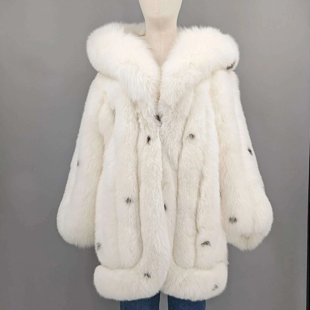 Polka Dot Fox Fur Coat for Women | Mid-Length with Hood 3