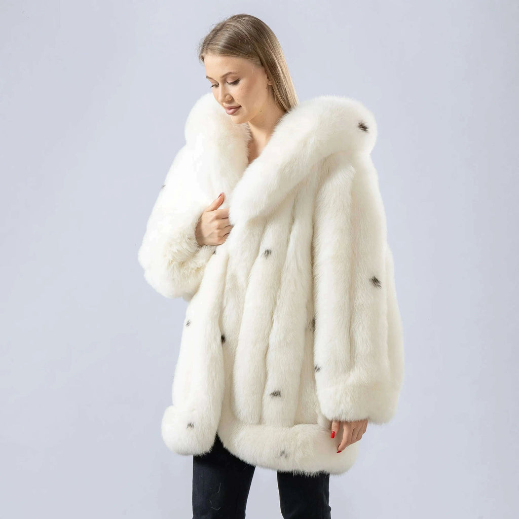 Polka Dot Fox Fur Coat for Women | Mid-Length with Hood 4
