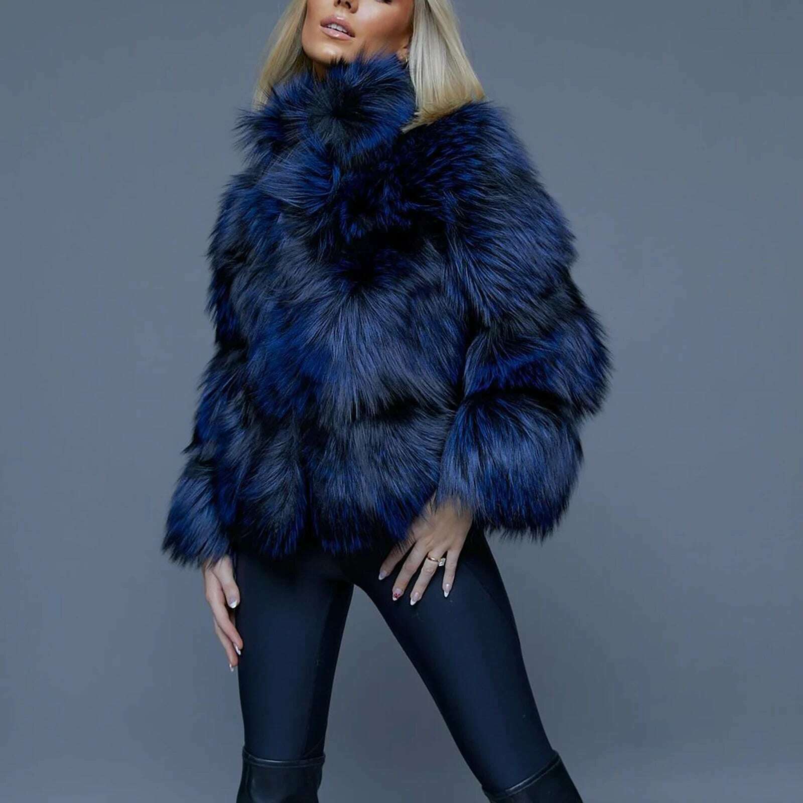 Rani Women's Fur Jacket | Genuine Raccoon Dog, Royal Blue 3
