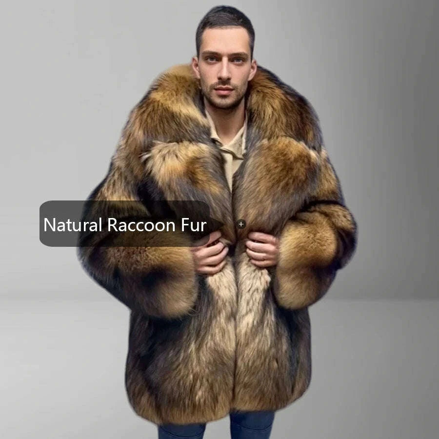 Raven Men's Raccoon Fur Coat | Genuine Full Skin, Turndown Collar 3