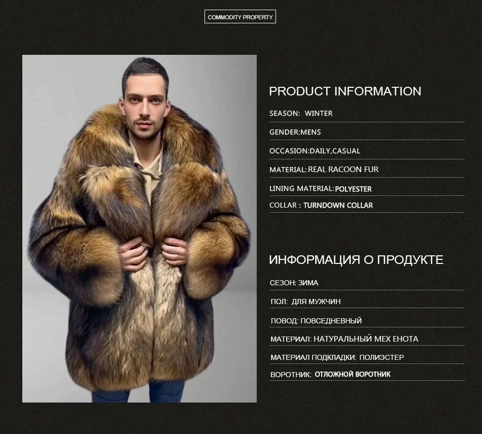 Raven Men's Raccoon Fur Coat | Genuine Full Skin, Turndown Collar 7