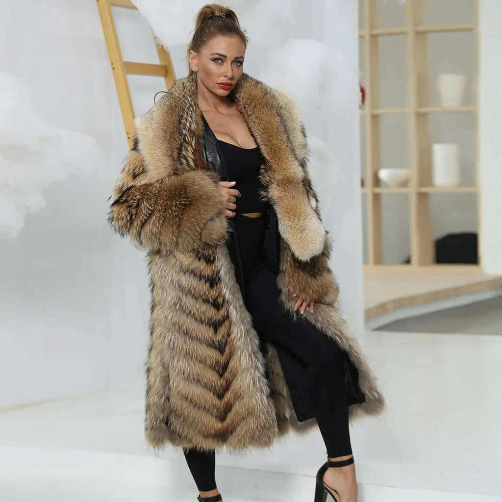 Rina Women's Long Fur Coat | Genuine Raccoon, Customizable Colors 0
