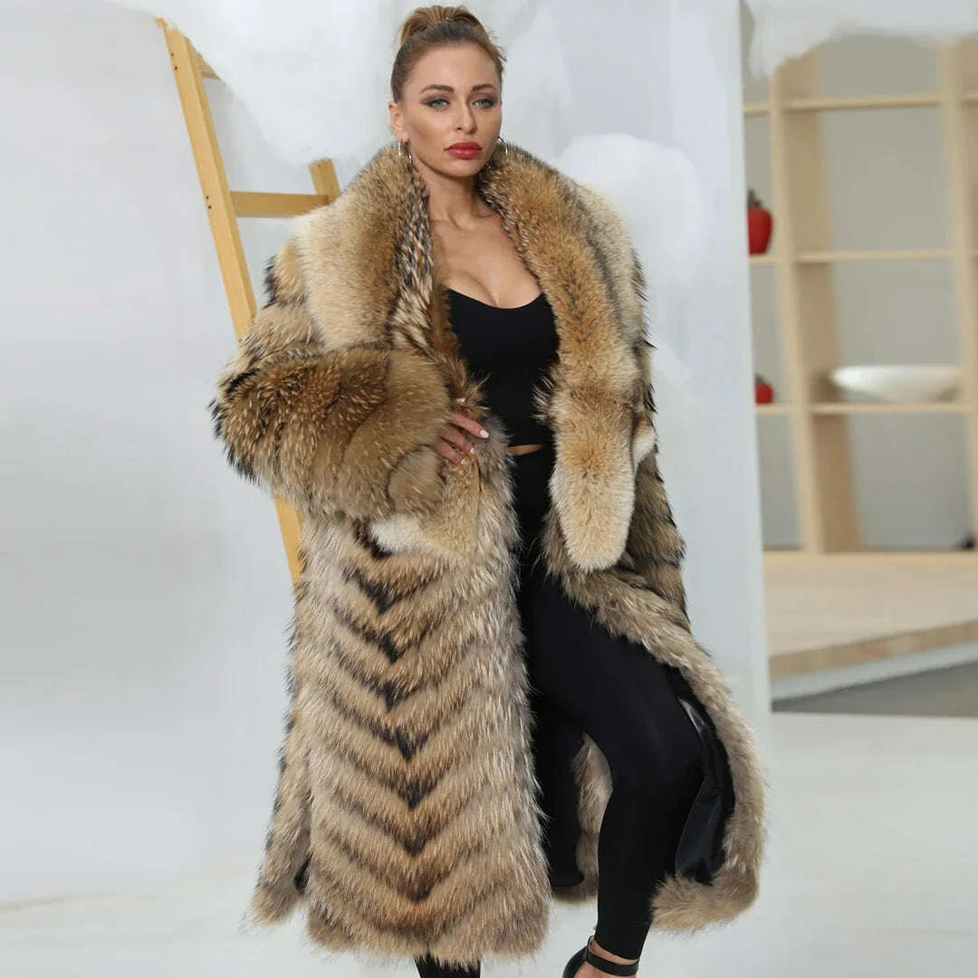 Rina Women's Long Fur Coat | Genuine Raccoon, Customizable Colors 1