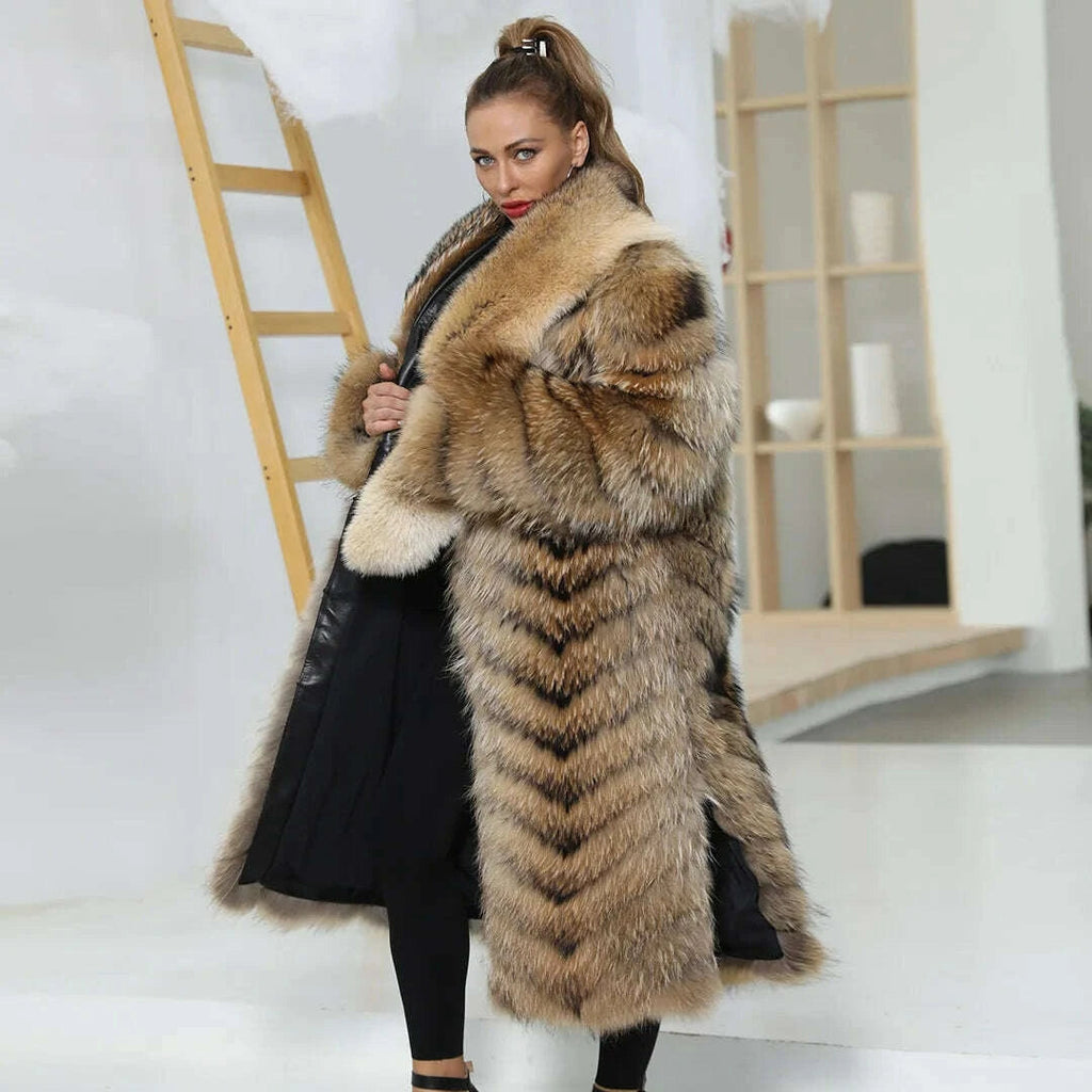 Rina Women's Long Fur Coat | Genuine Raccoon, Customizable Colors 3